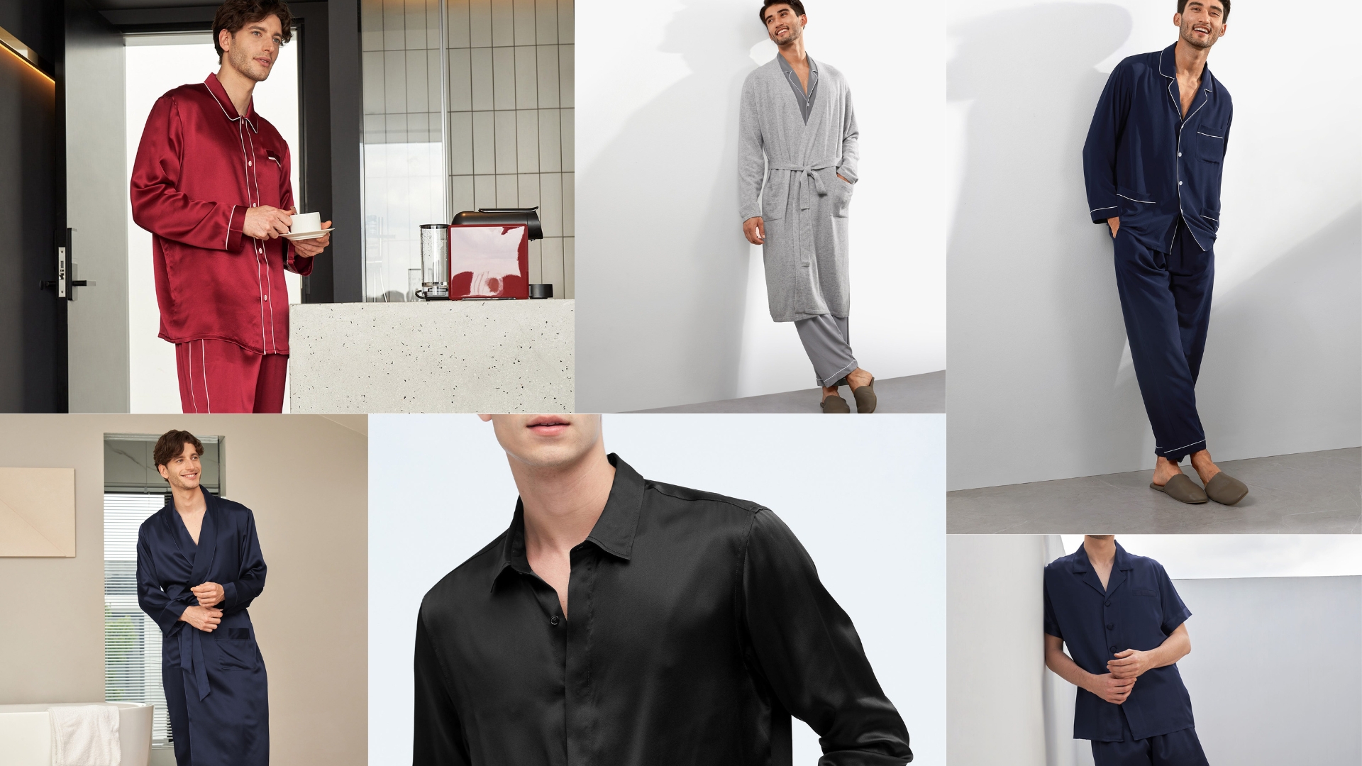 Men wearing various stylish pajamas and robes indoors