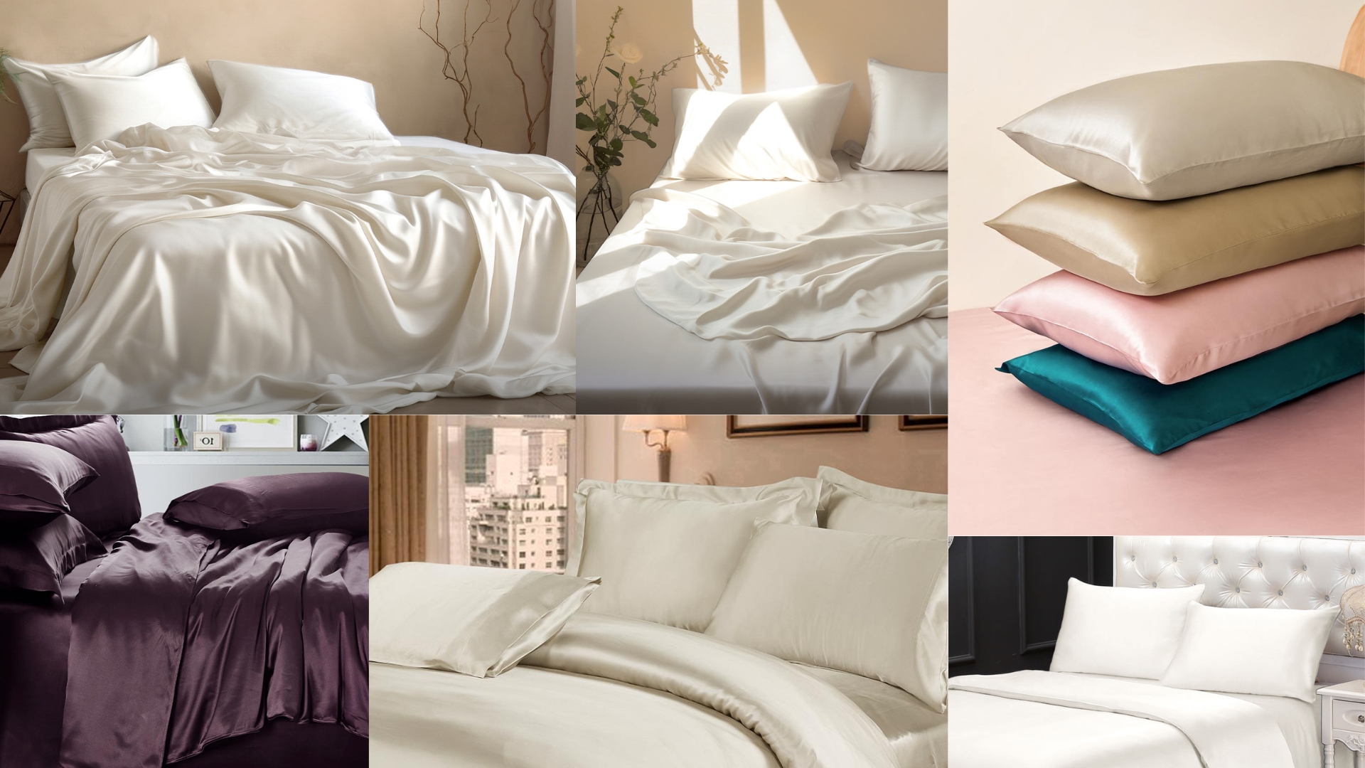 Various silk bedding and pillow sets in neutral and jewel tones