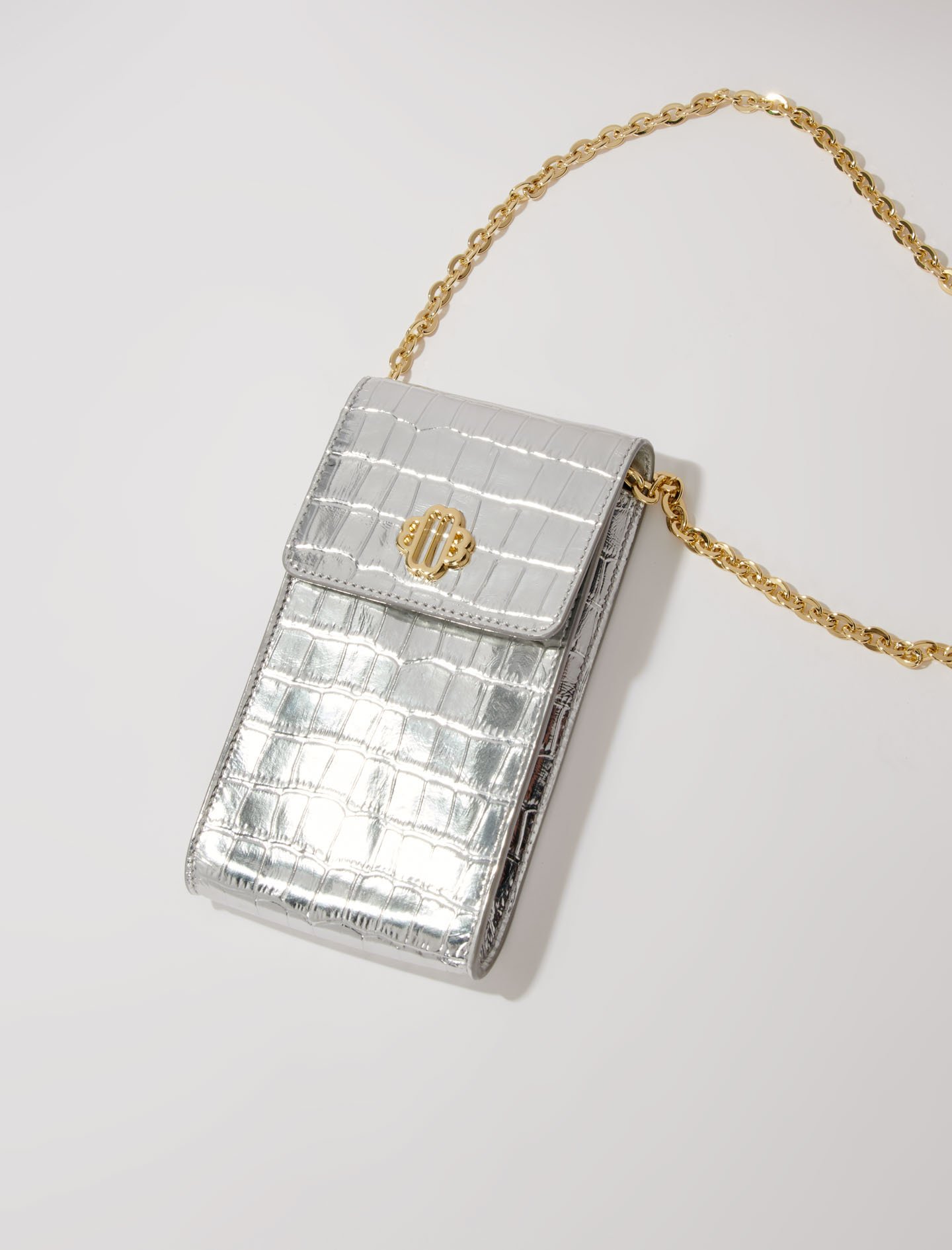 Silver crocodile-texture bag with gold chain strap
