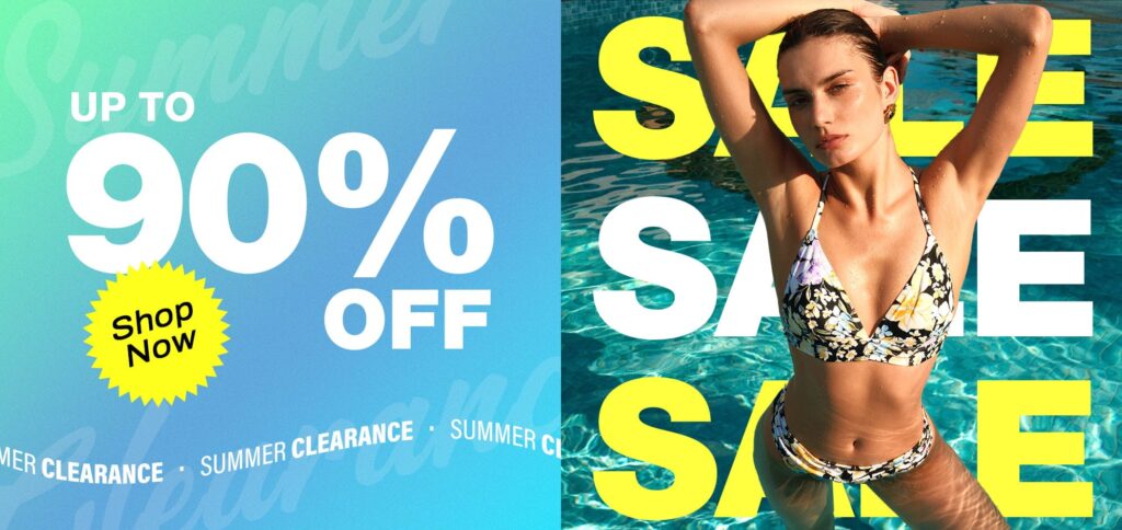 Summer sale advertisement with woman in floral bikini
