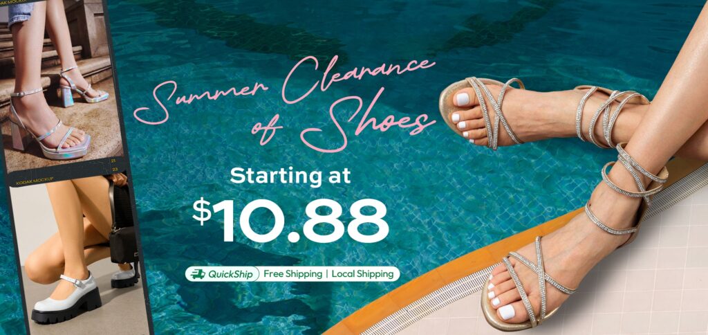 Three pairs of women's fashion shoes displayed by poolside and stairs