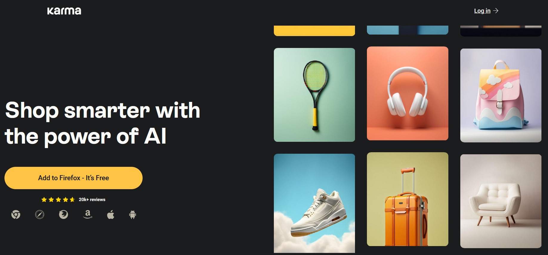 Assorted products including tennis racket, headphones, backpack, sneaker, suitcase, and armchair