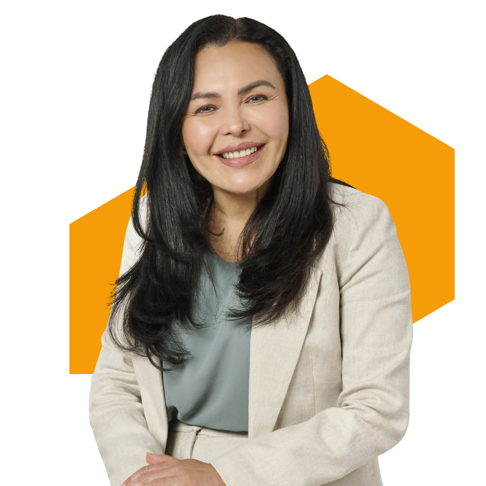 Smiling woman with long dark hair and beige suit