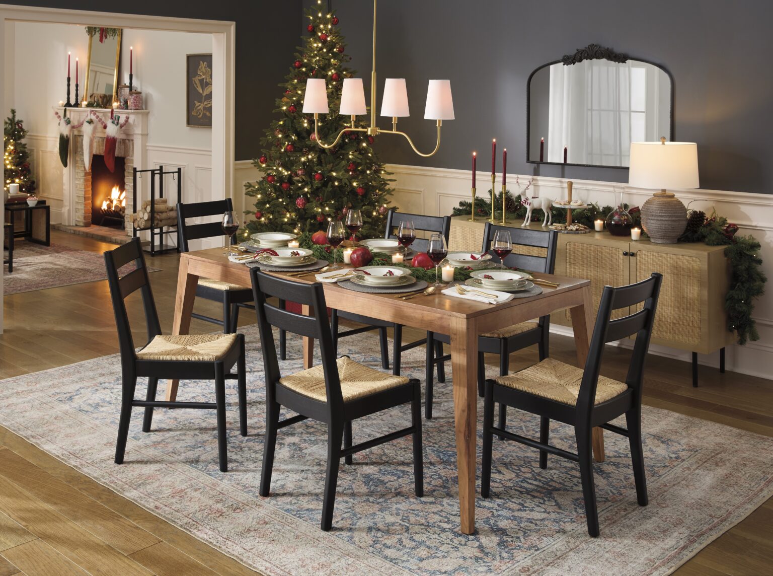 Festively decorated dining room with Christmas tree