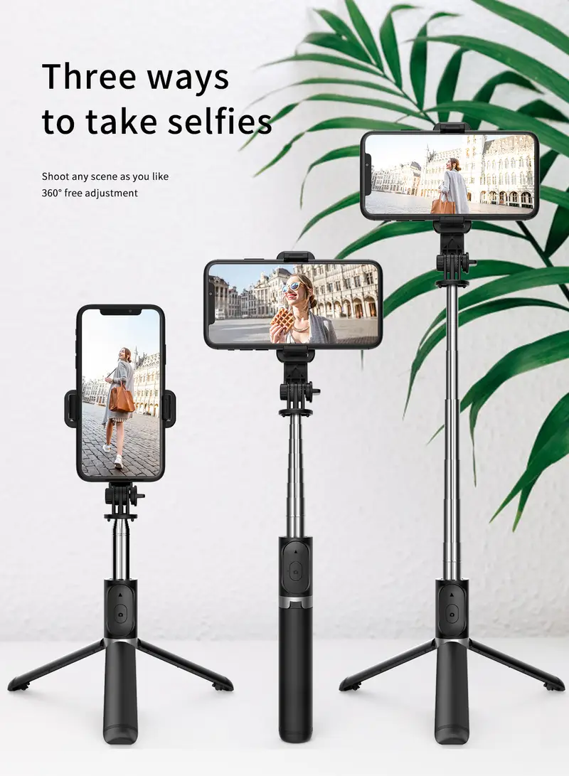 Three selfie stick setups with phones and tripod bases