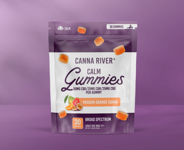 Purple and white package of calm gummies with fruit illustrations