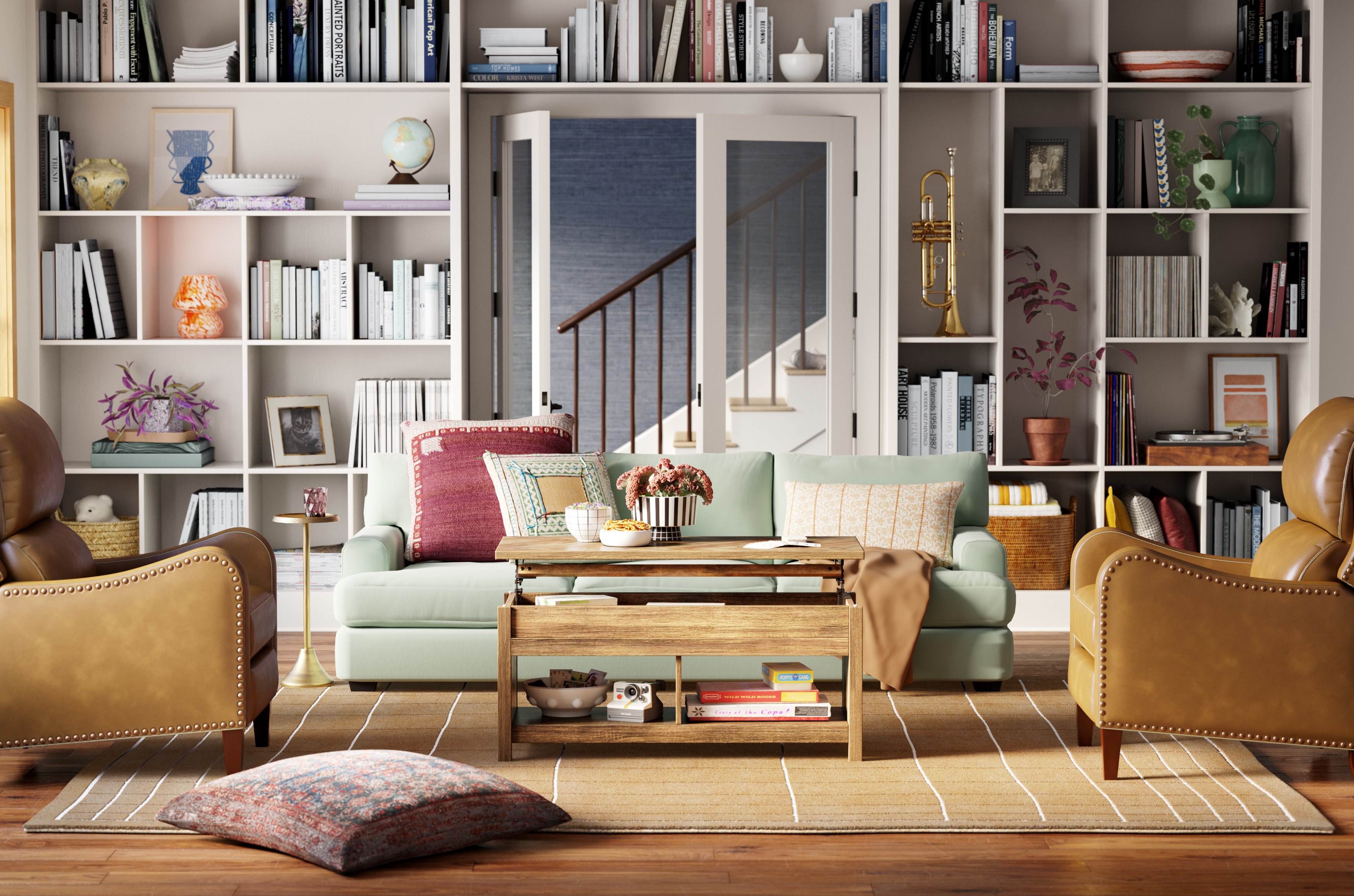 Cozy living room with bookshelves, sofa, chairs, and coffee table