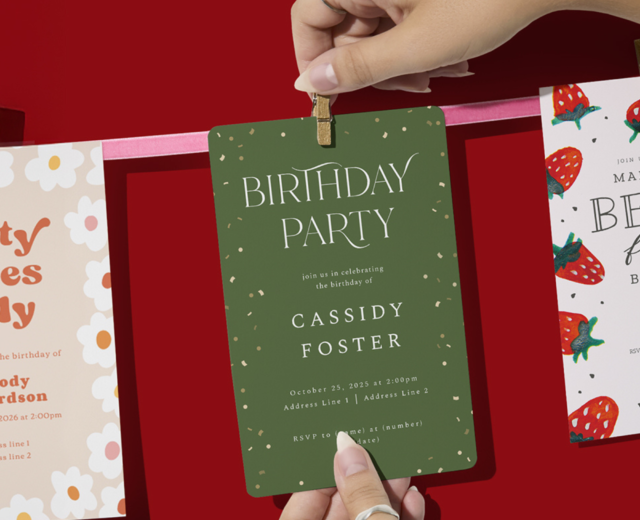 Hands holding green birthday party invitation