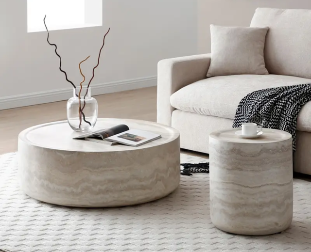 Modern living room with round marble coffee tables