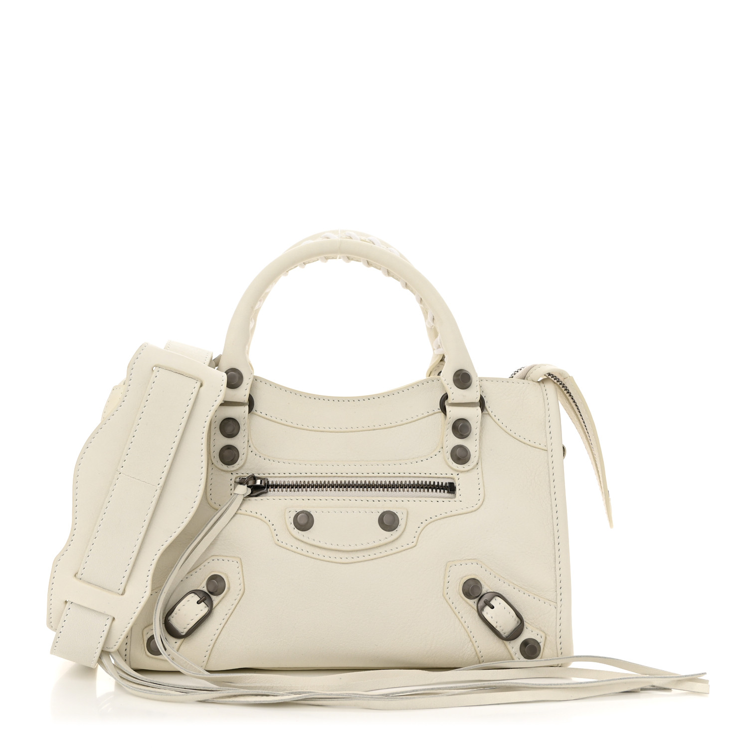 White leather handbag with zipper and studs
