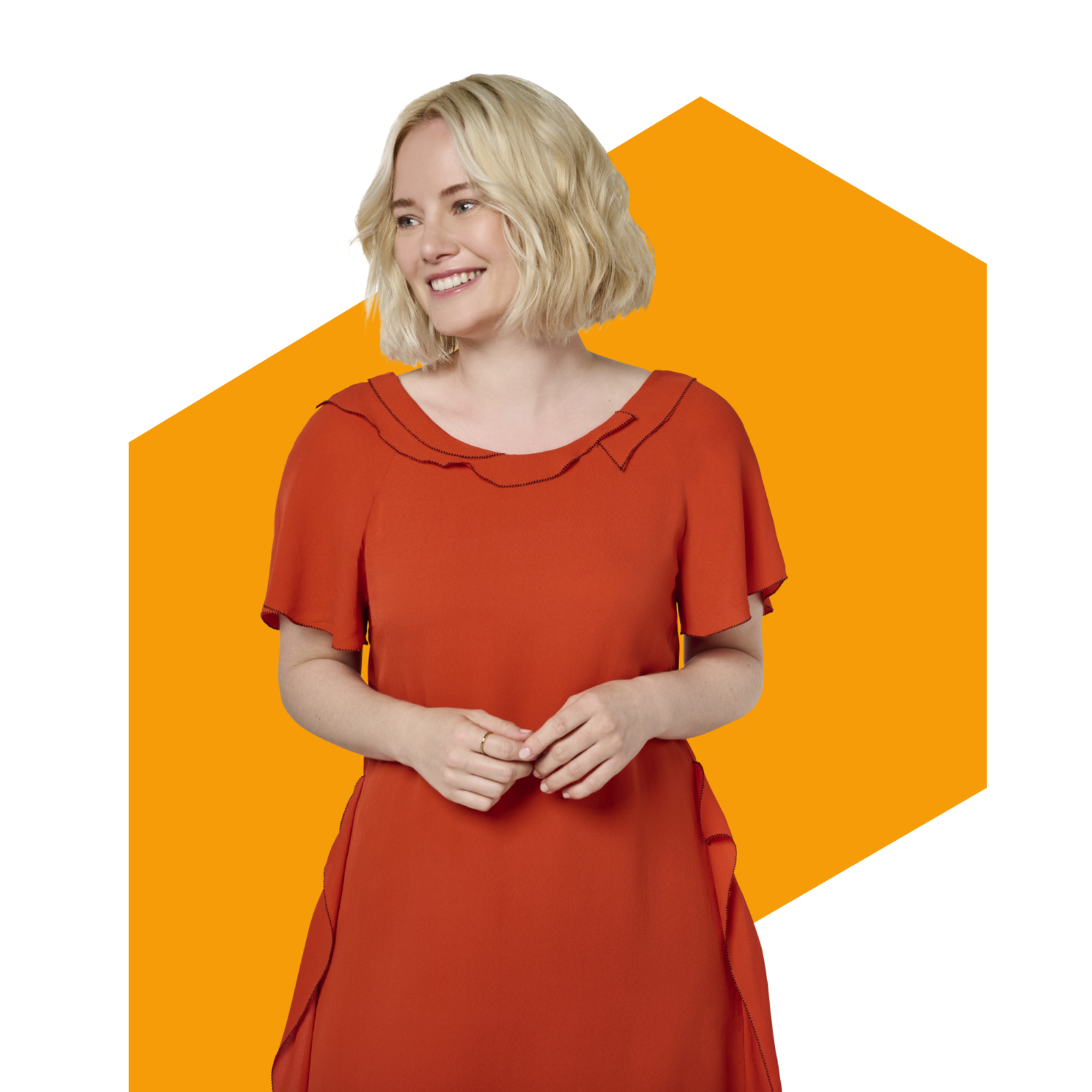 Smiling woman in orange dress with blonde hair