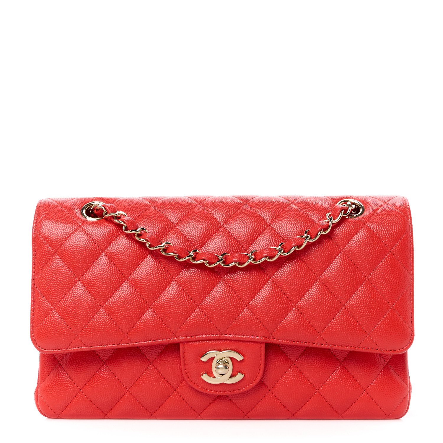 Red quilted leather handbag with gold chain strap