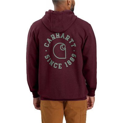 Man wearing maroon Carhartt hoodie with logo